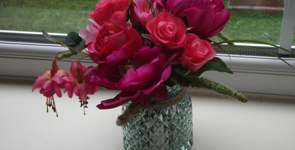 Z081 Aqua vase with bright pink fuchsias, peonies and roses