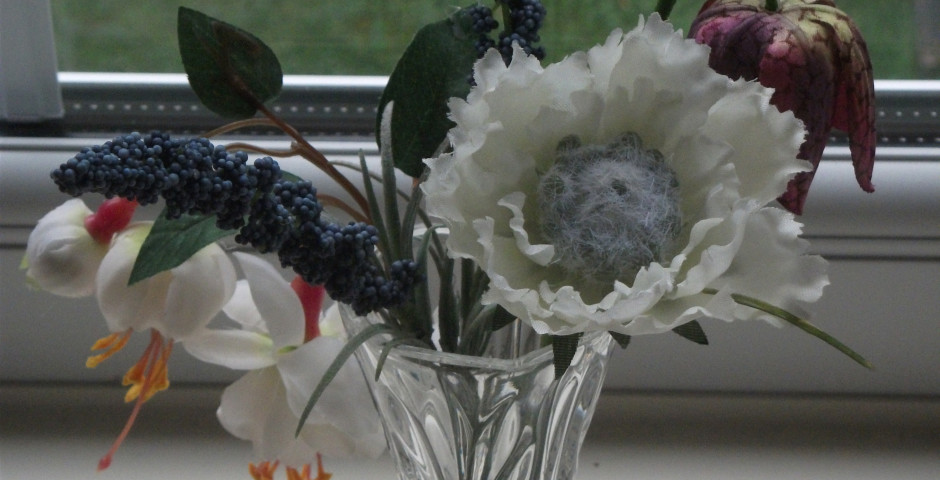Z084  Vintage vase with cream fuchsias, snakeshead fritillary and lavender